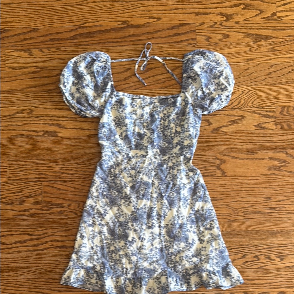 Blue and White Puff Sleeve Mini Sundress for Weddings
